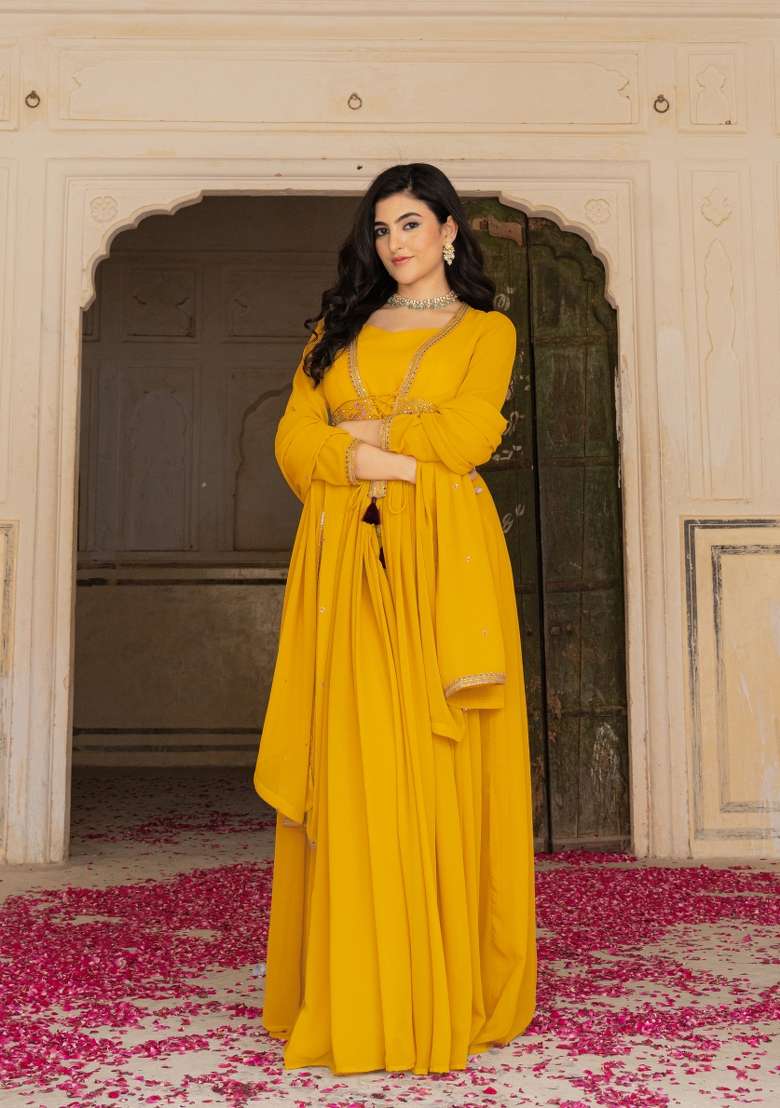 Mustard Embroidered Georgette Gown Set - Indya