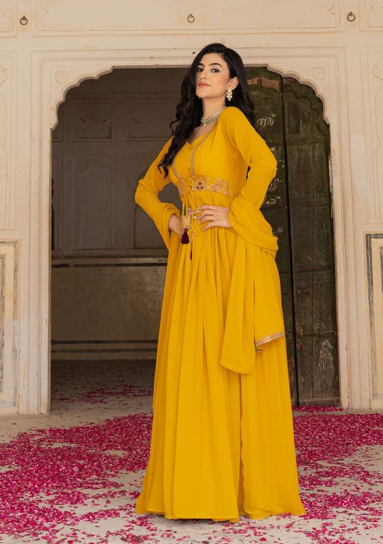 Mustard Embroidered Georgette Gown Set - Indya