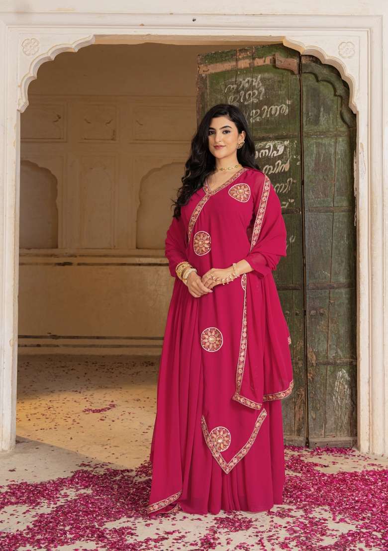 Rani Pink Embroidered Georgette Gown Set - Indya