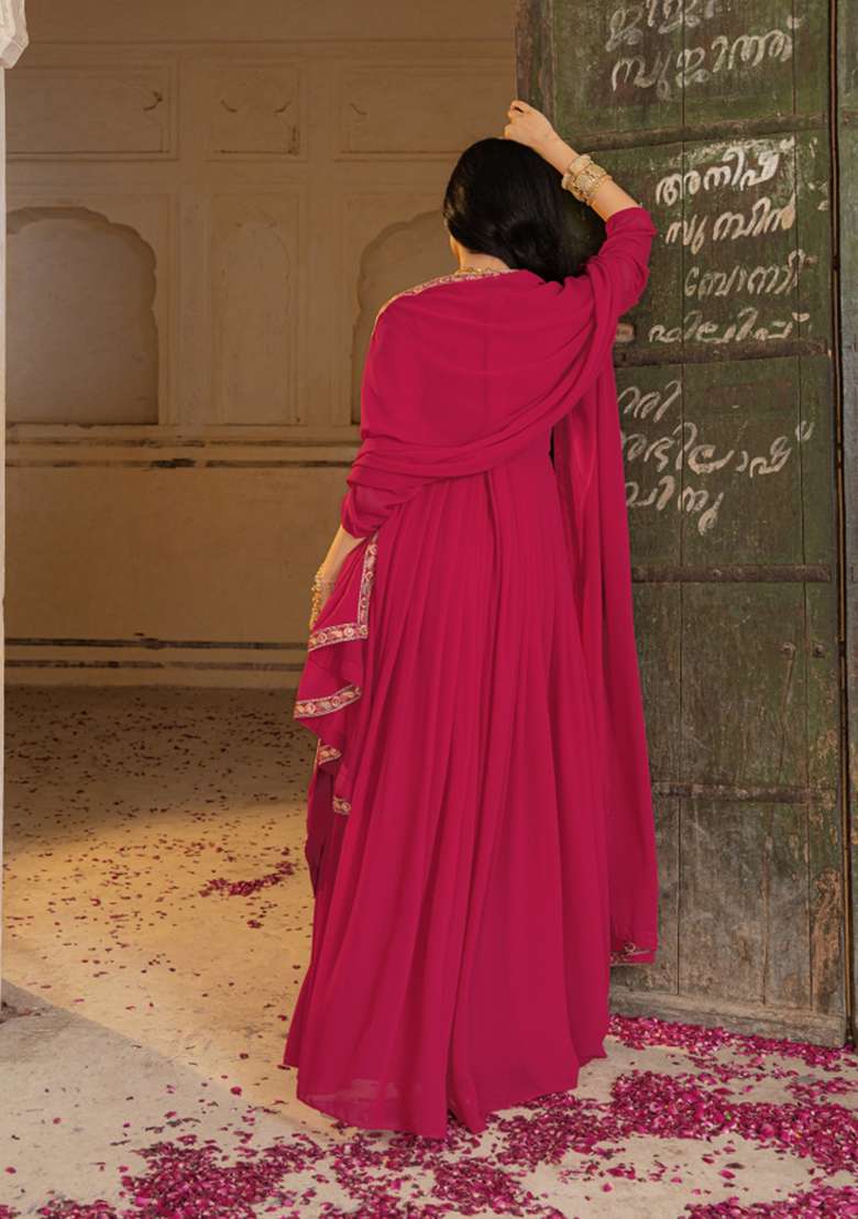 Rani Pink Embroidered Georgette Gown Set - Indya