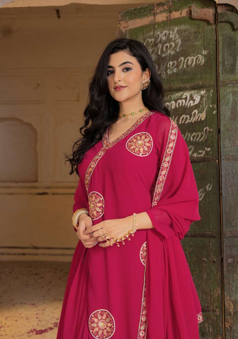 Rani Pink Embroidered Georgette Gown Set - Indya