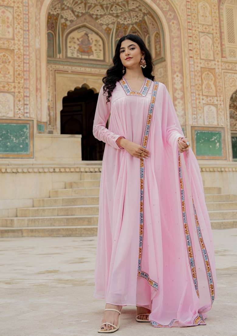 Pink Embroidered Georgette Gown Set - Indya