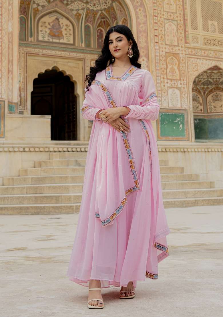 Pink Embroidered Georgette Gown Set - Indya