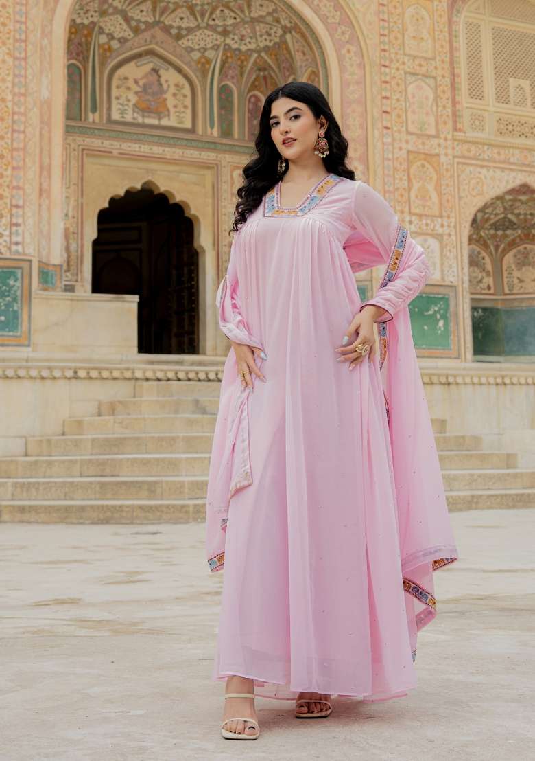Pink Embroidered Georgette Gown Set - Indya