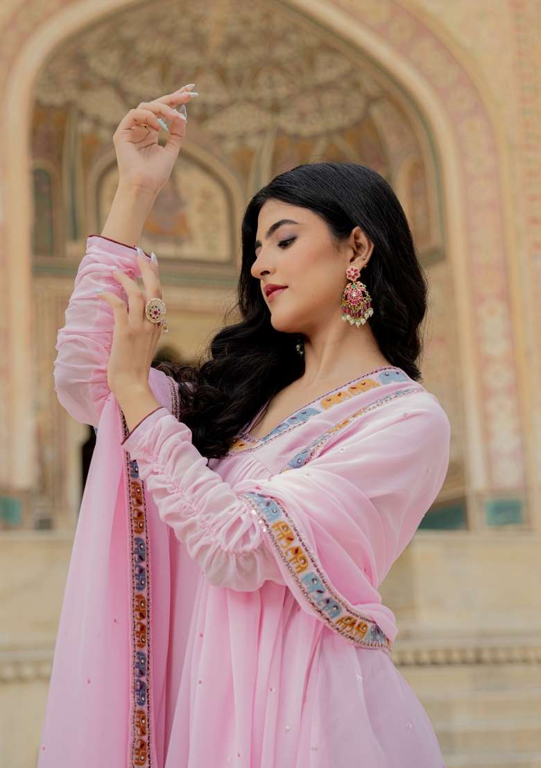 Pink Embroidered Georgette Gown Set - Indya