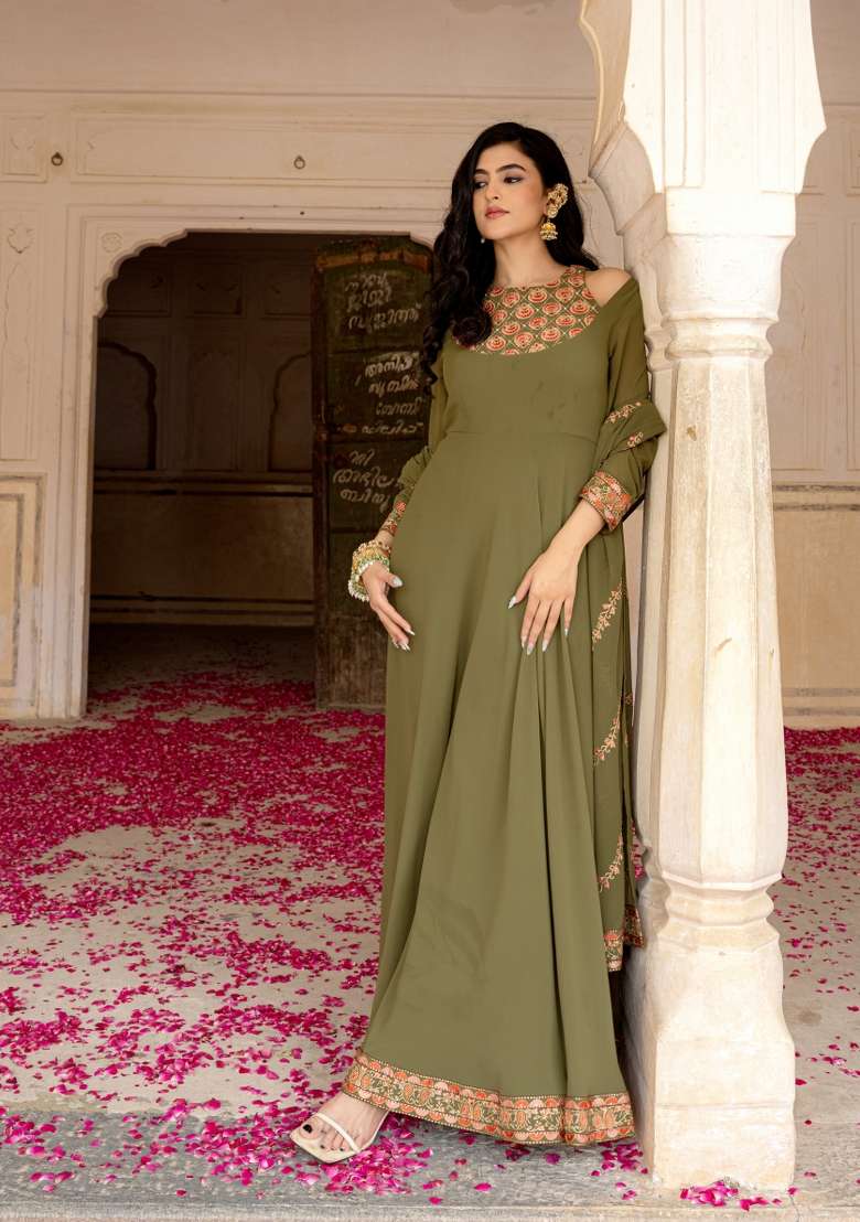 Olive Green Embroidered Georgette Gown Set - Indya