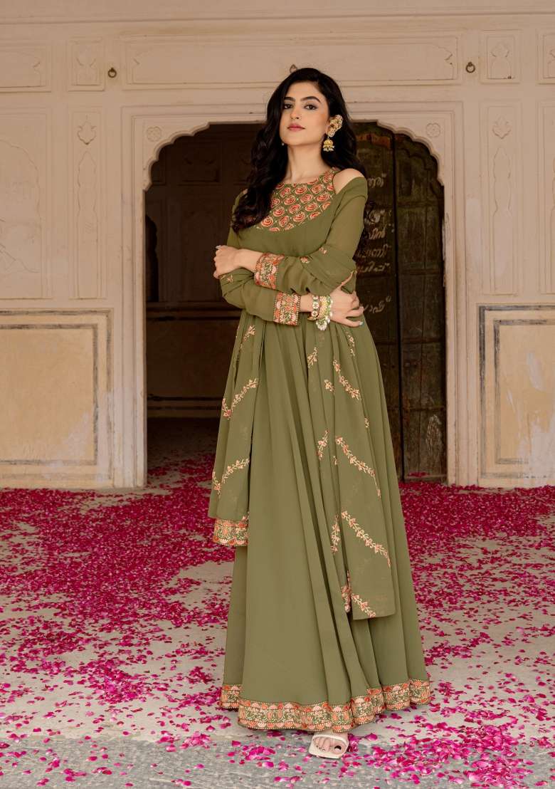Olive Green Embroidered Georgette Gown Set - Indya