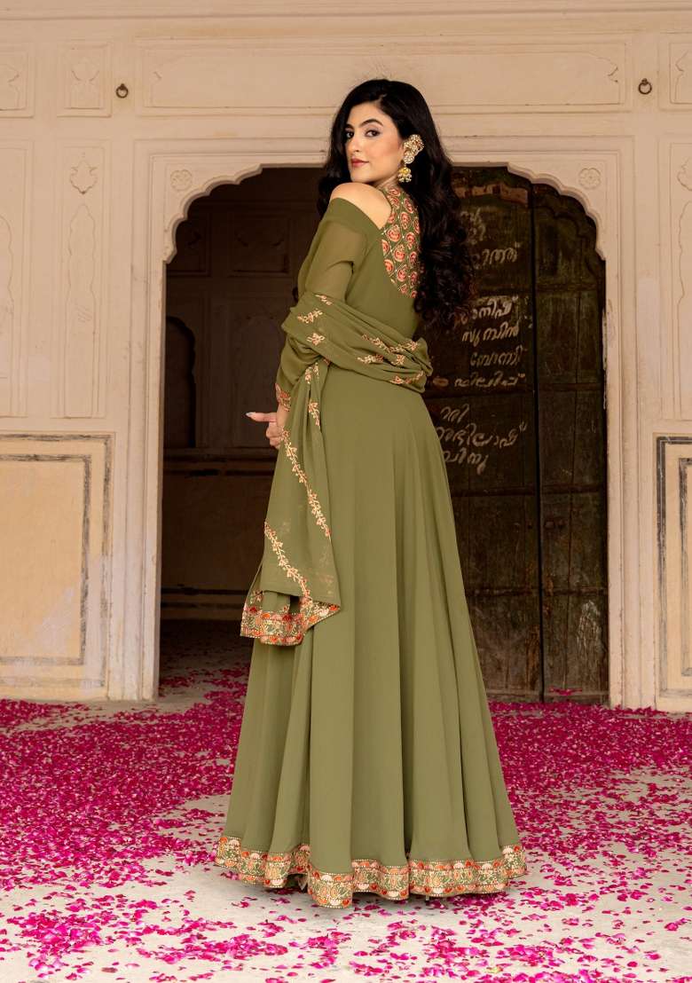 Olive Green Embroidered Georgette Gown Set - Indya