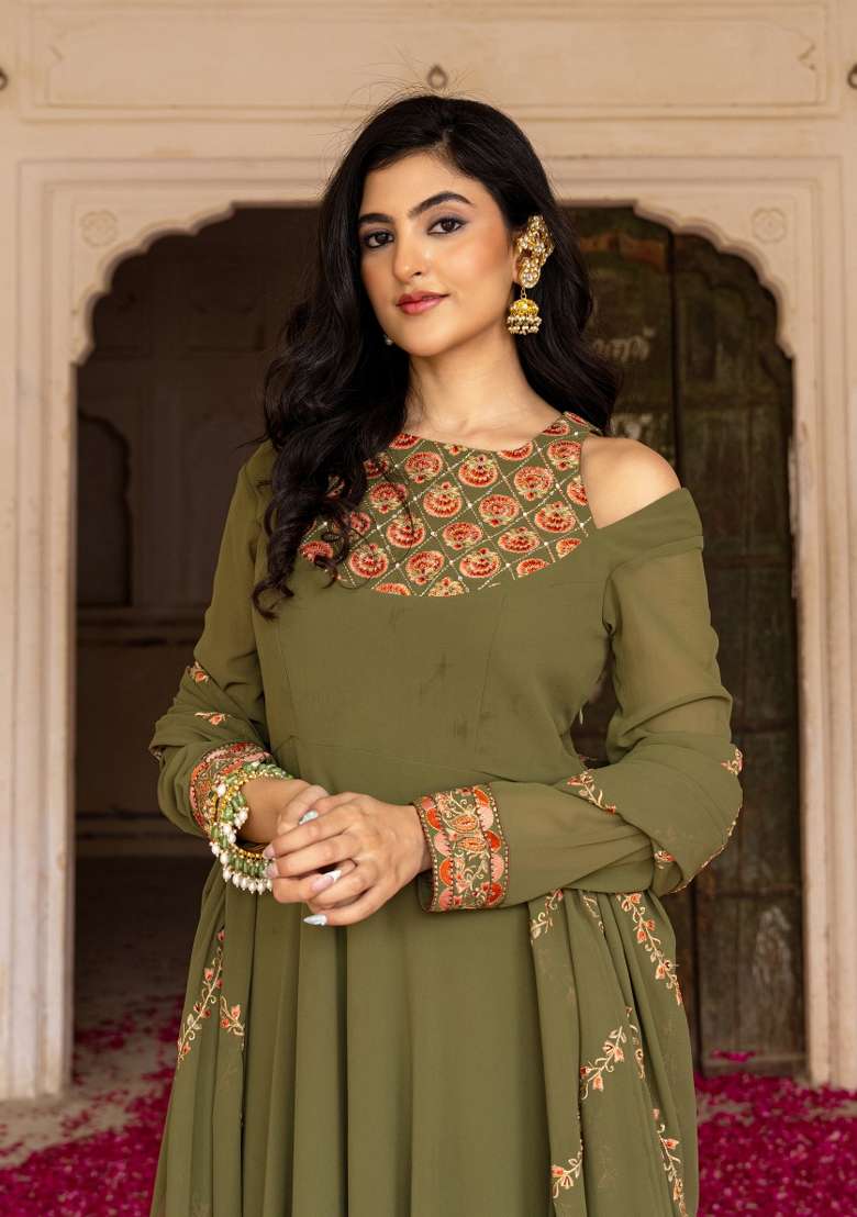 Olive Green Embroidered Georgette Gown Set - Indya