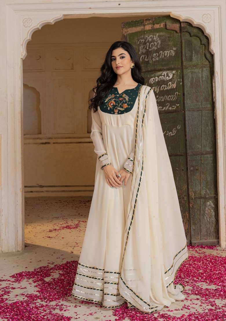 Off White Embroidered Georgette Gown Set - Indya