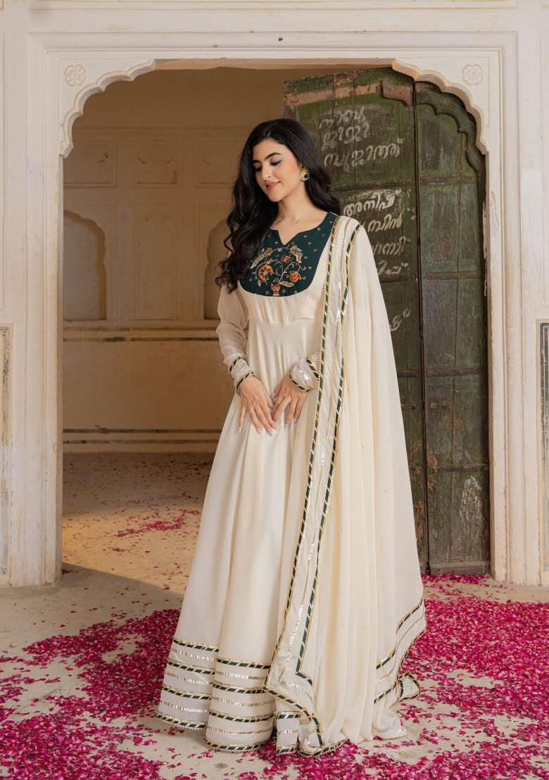 Off White Embroidered Georgette Gown Set - Indya