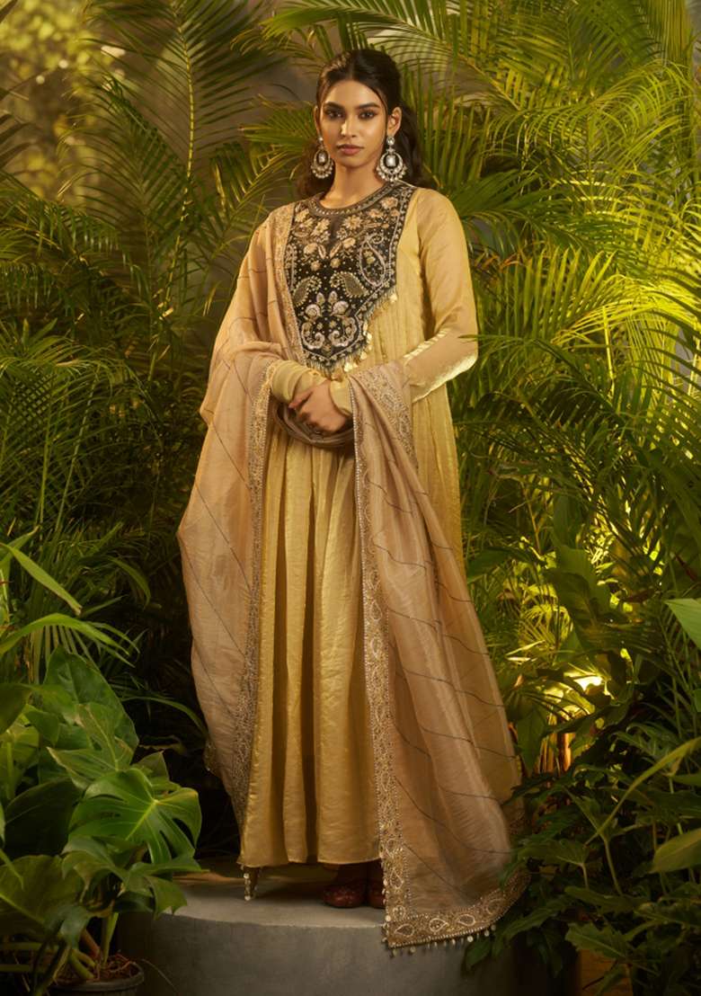 Beige Hand Work Organza Gown Set - Indya