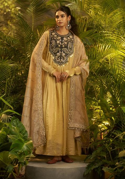 Beige Hand Work Organza Gown Set