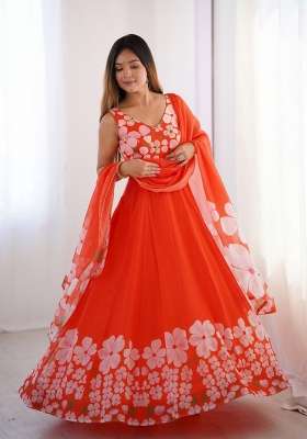 Orange Hand Work Organza Gown Set