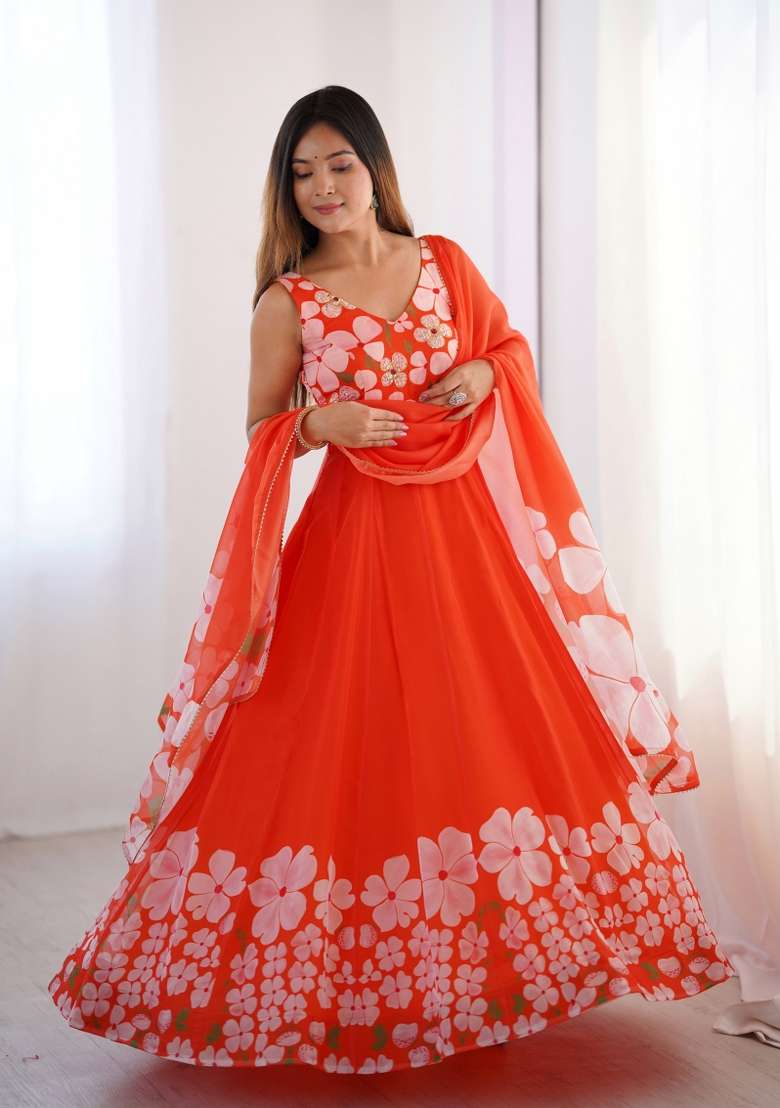 Orange Hand Work Organza Gown Set - Indya