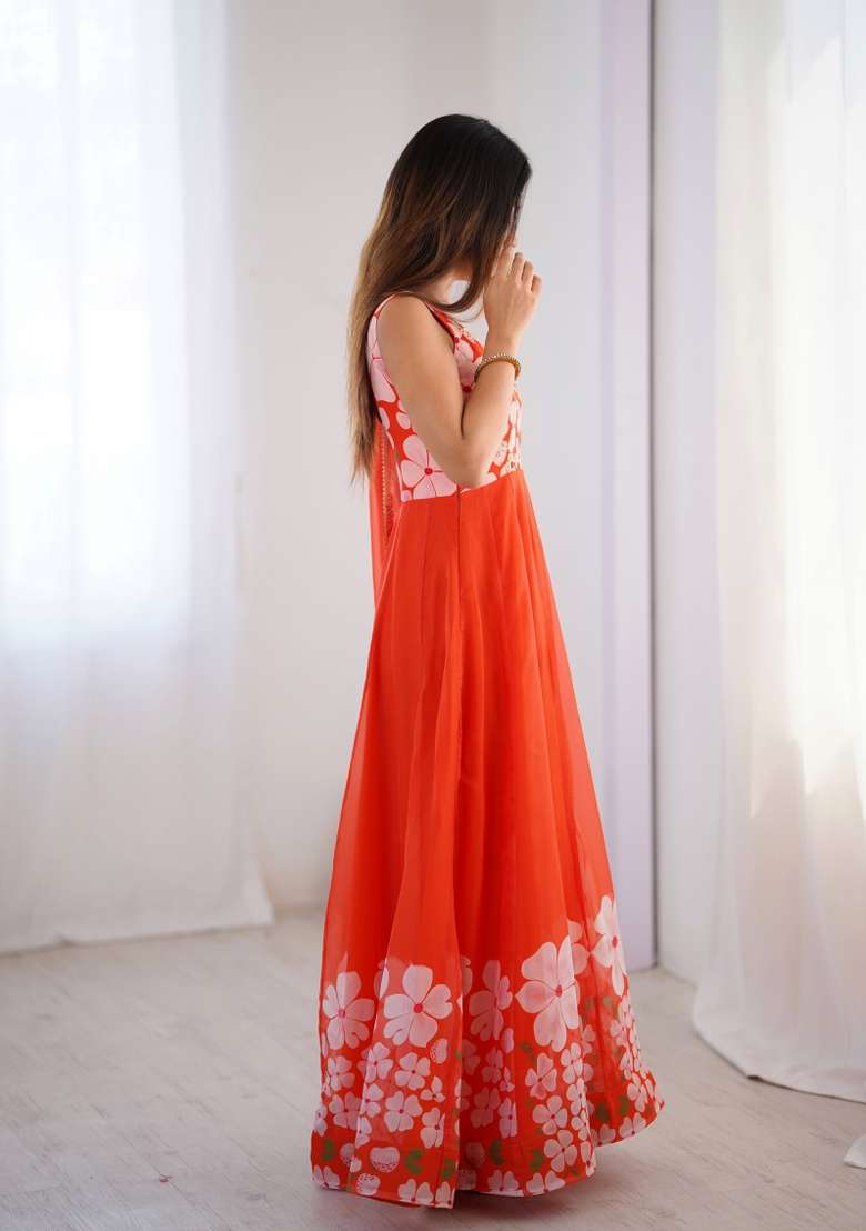 Orange Hand Work Organza Gown Set - Indya