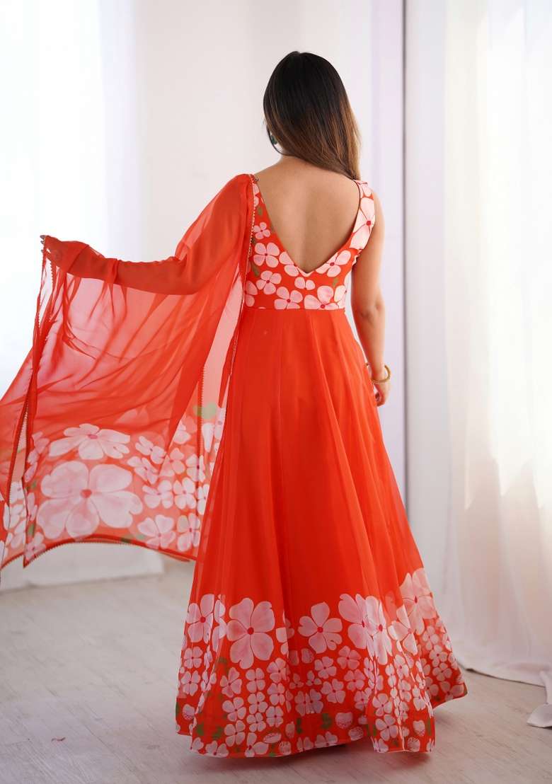 Orange Hand Work Organza Gown Set - Indya