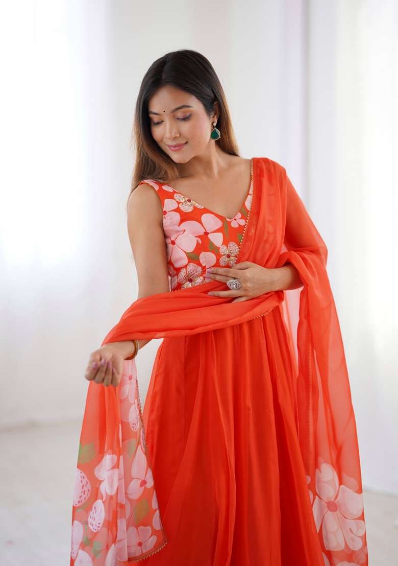 Orange Hand Work Organza Gown Set - Indya