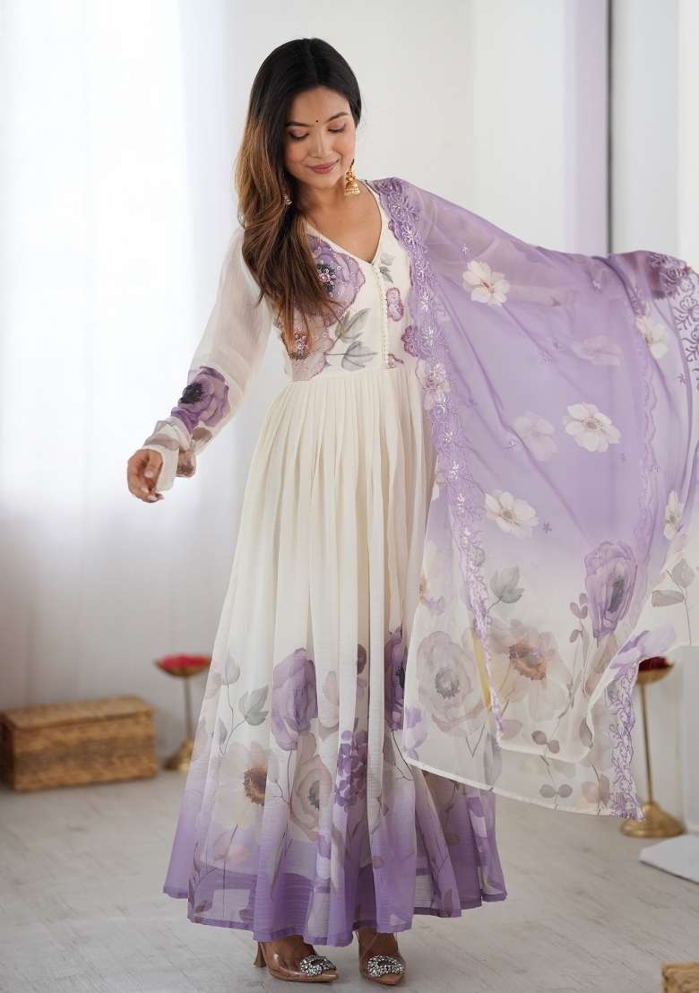 White Hand Work Chiffon Gown Set - Indya