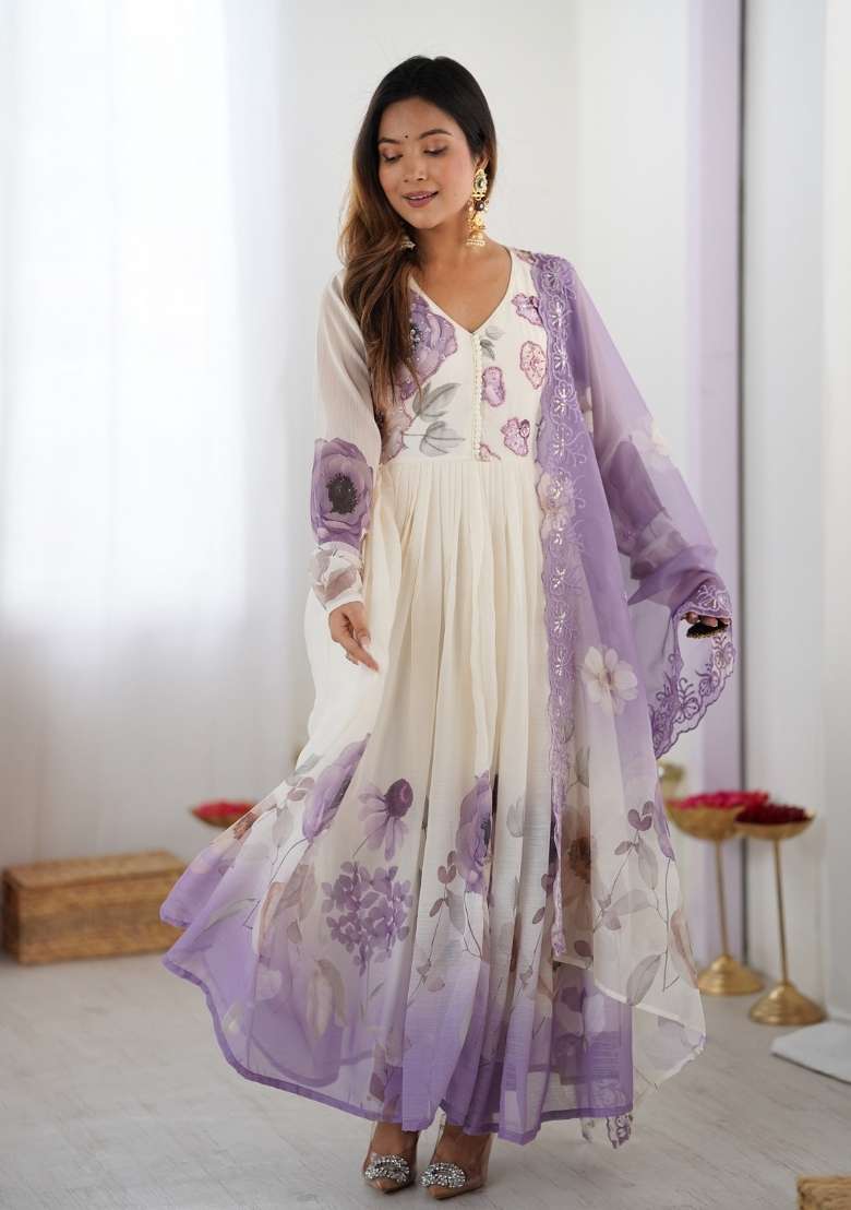 White Hand Work Chiffon Gown Set - Indya
