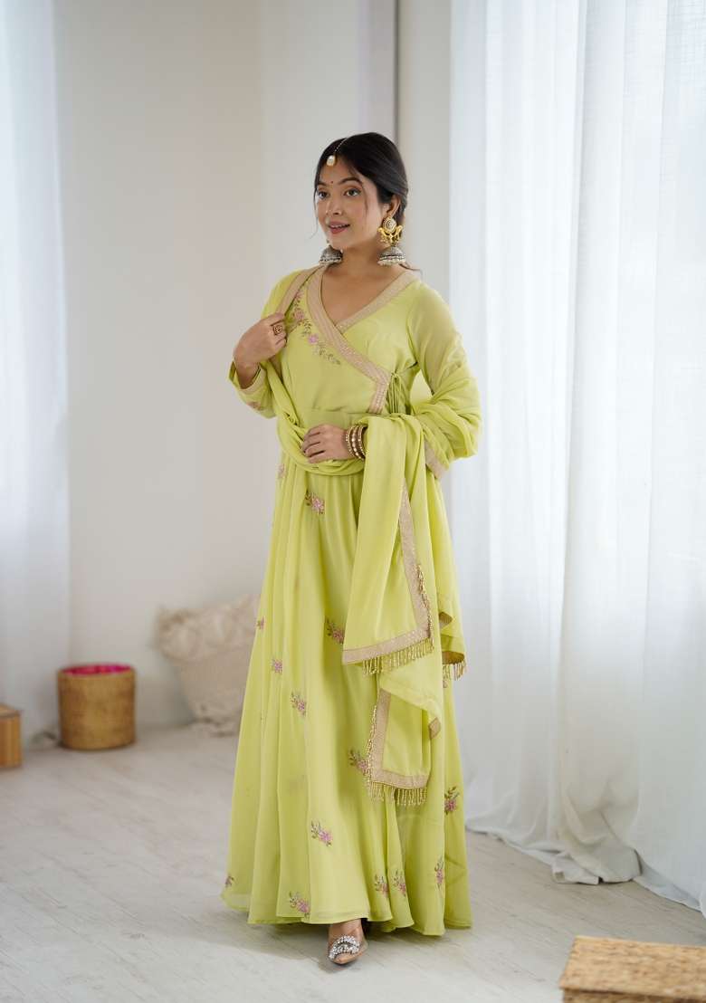 Green Embroidered Georgette Gown Set - Indya
