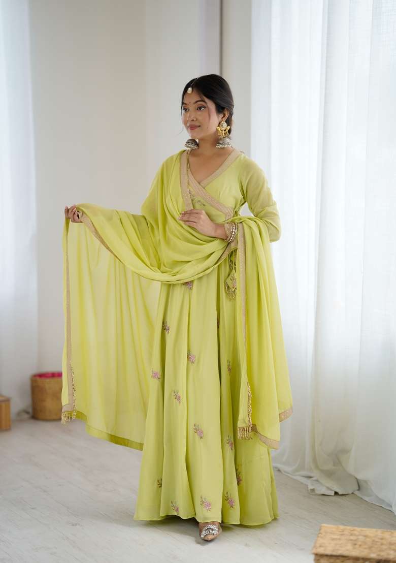 Green Embroidered Georgette Gown Set - Indya