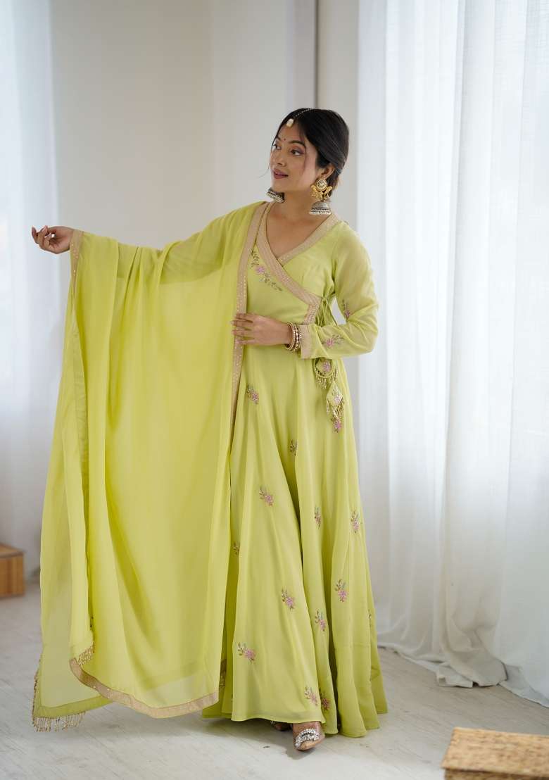 Green Embroidered Georgette Gown Set - Indya