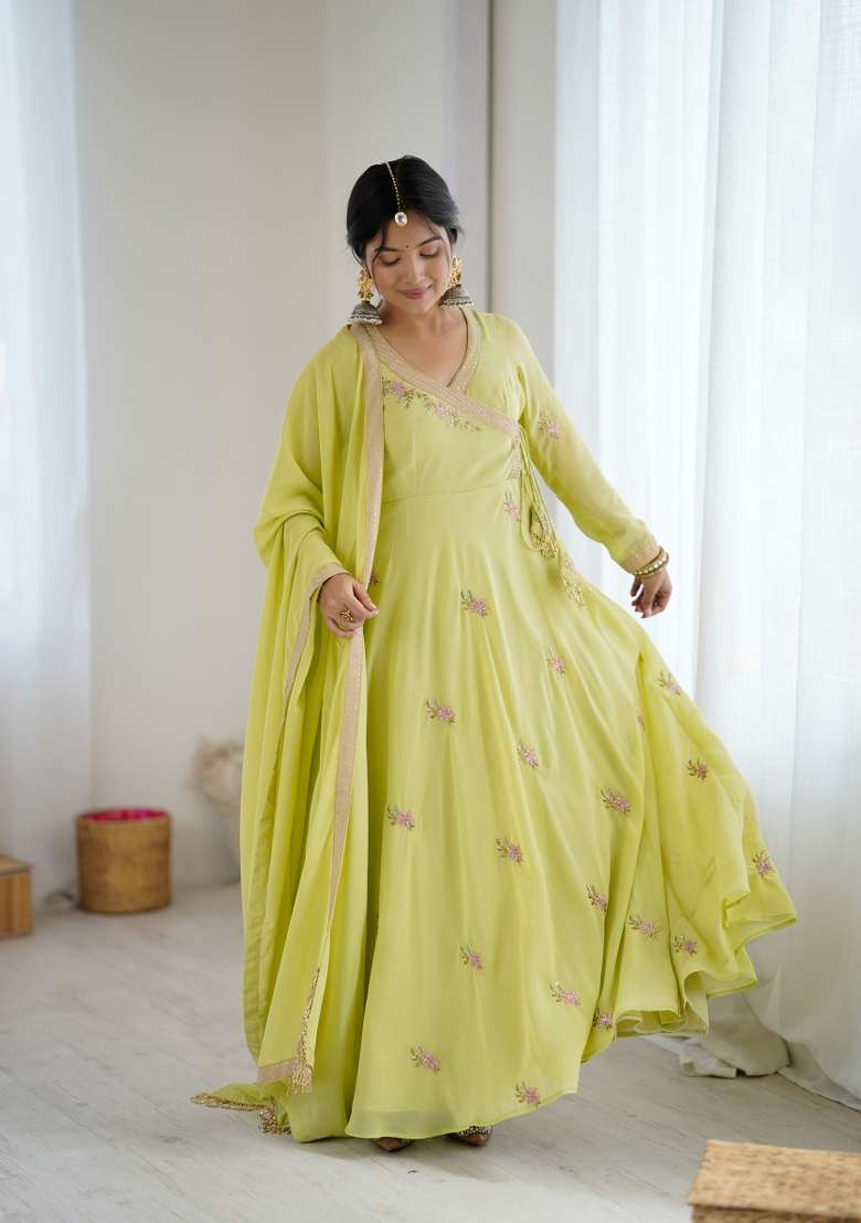 Green Embroidered Georgette Gown Set - Indya