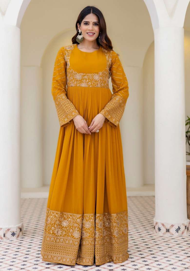 Mustard Zari Work Georgette Gown Set - Indya