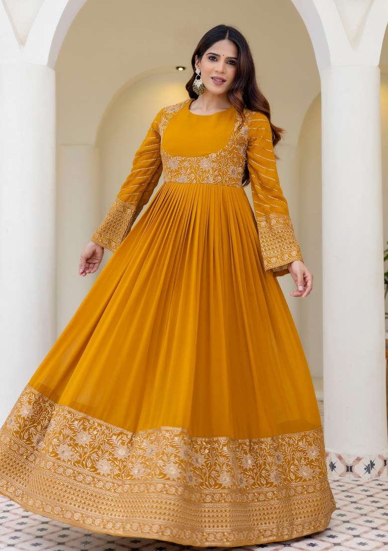 Mustard Zari Work Georgette Gown Set - Indya