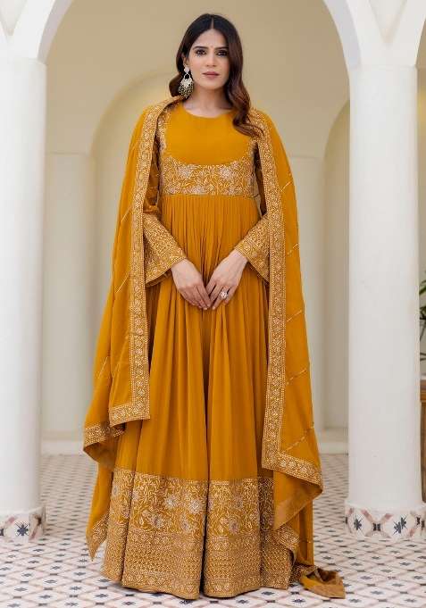 Mustard Zari Work Georgette Gown Set