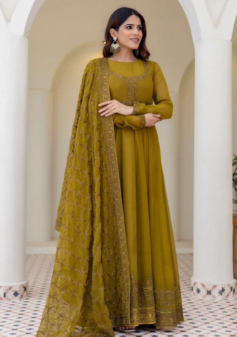 Olive Zari Work Georgette Gown Set - Indya