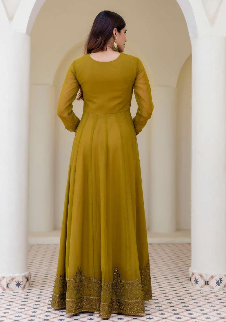 Olive Zari Work Georgette Gown Set - Indya