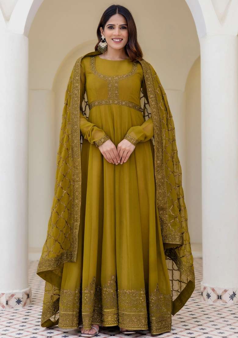 Olive Zari Work Georgette Gown Set - Indya