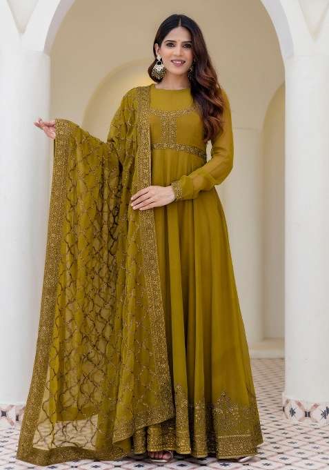 Olive Zari Work Georgette Gown Set