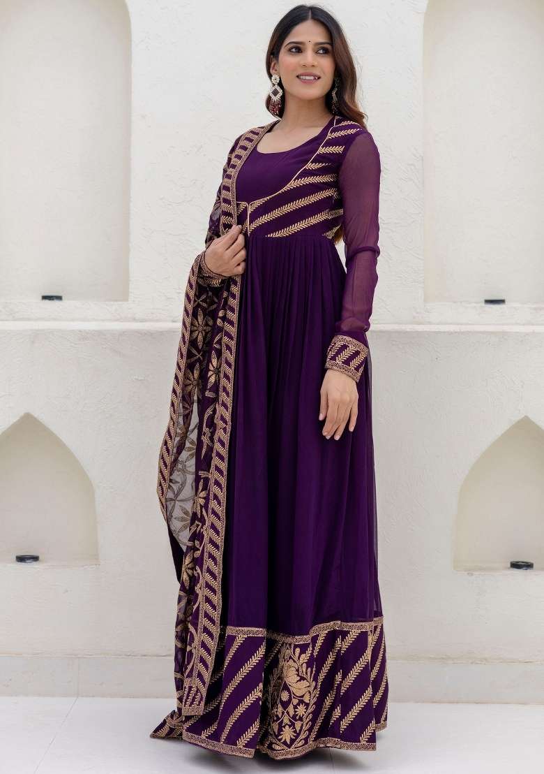 Purple Zari Work Georgette Gown Set - Indya