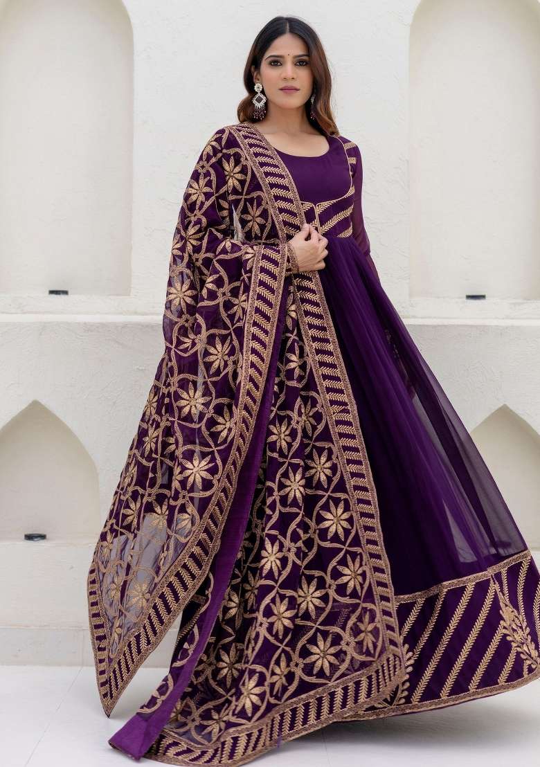 Purple Zari Work Georgette Gown Set - Indya
