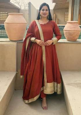 Rust Embroidered Silk Kurta Set