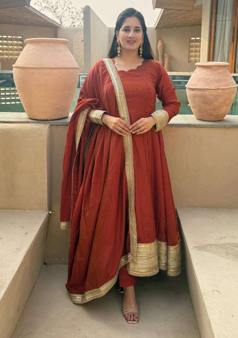 Rust Embroidered Silk Kurta Set - Indya