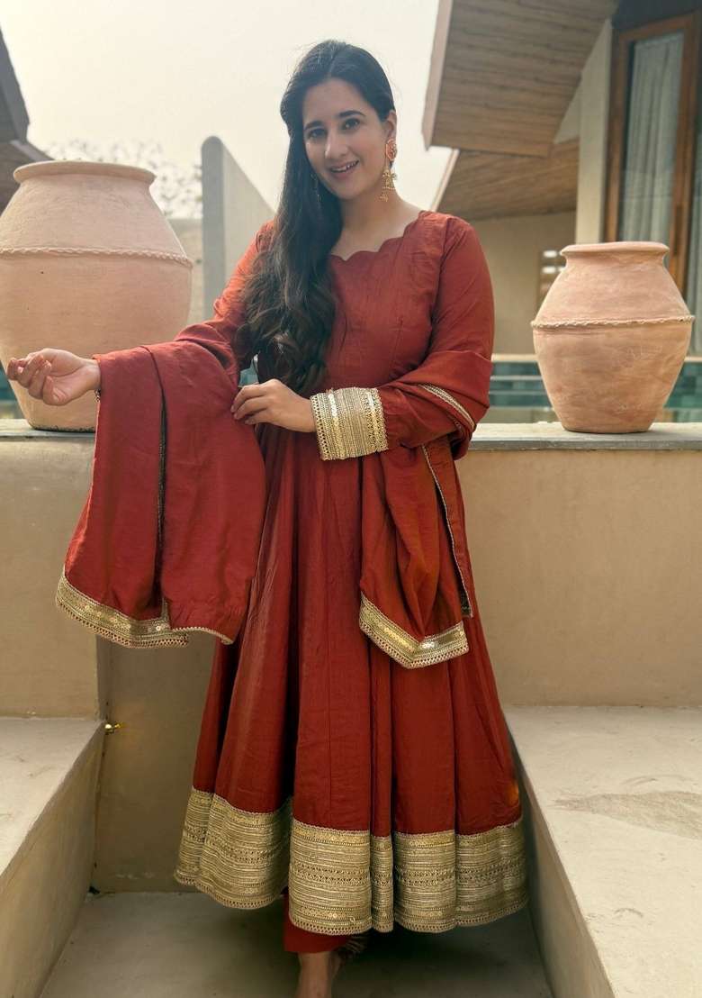Rust Embroidered Silk Kurta Set - Indya