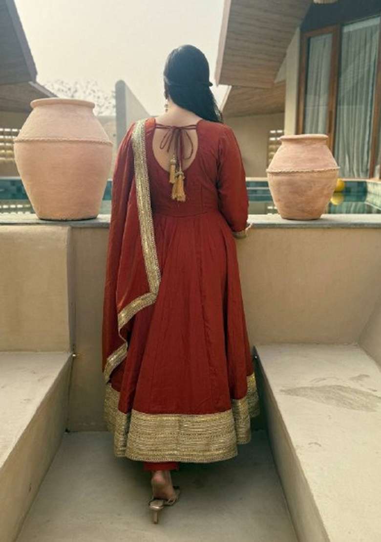 Rust Embroidered Silk Kurta Set - Indya