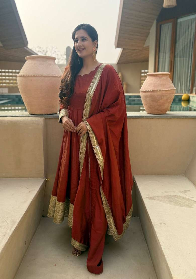 Rust Embroidered Silk Kurta Set - Indya