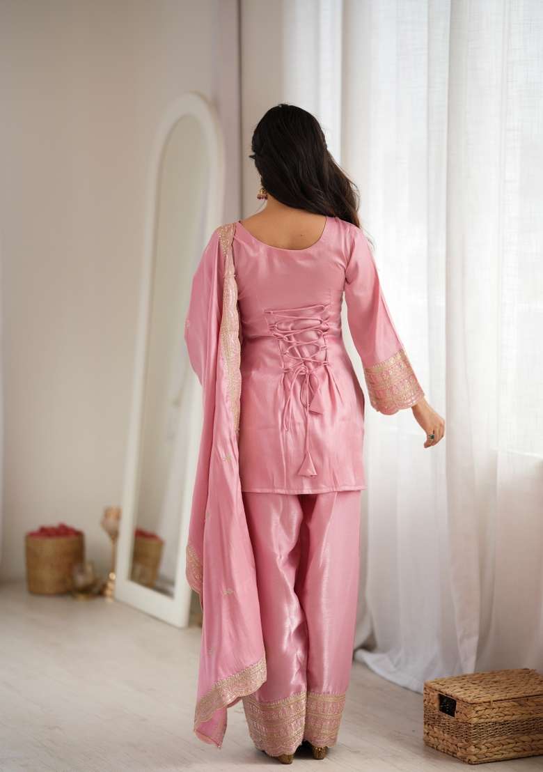 Dusty Pink Embroidered Silk Kurta Set - Indya