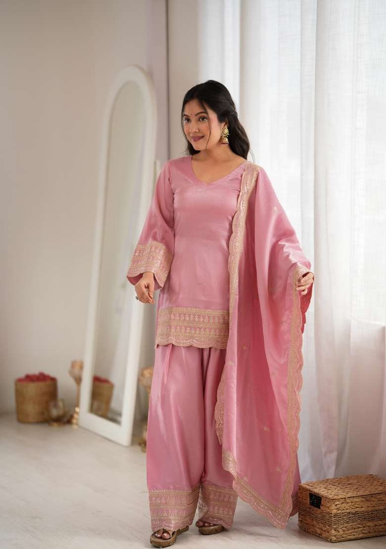 Dusty Pink Embroidered Silk Kurta Set - Indya