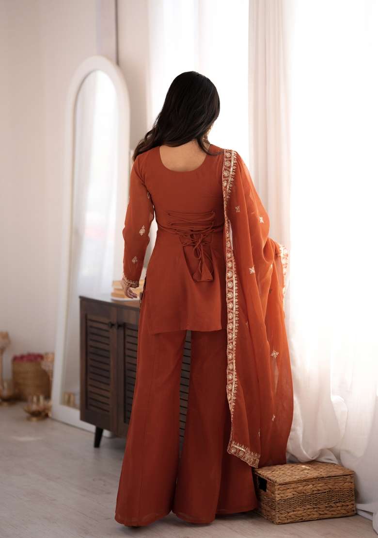 Rust Embroidered Silk Kurta Set - Indya