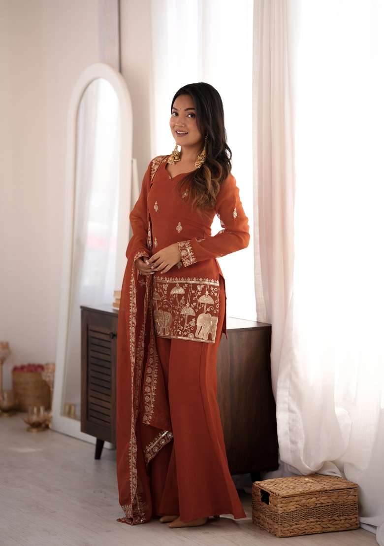 Rust Embroidered Silk Kurta Set - Indya
