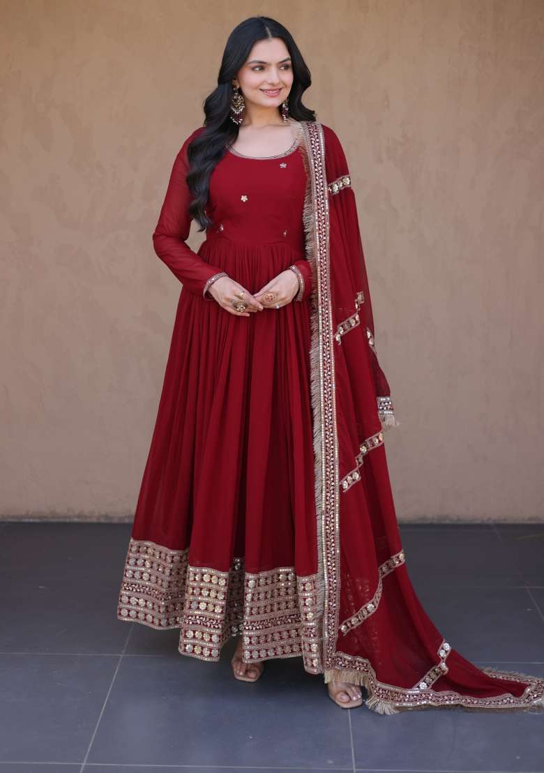 Maroon Embroidered Georgette Gown With Dupatta - Indya