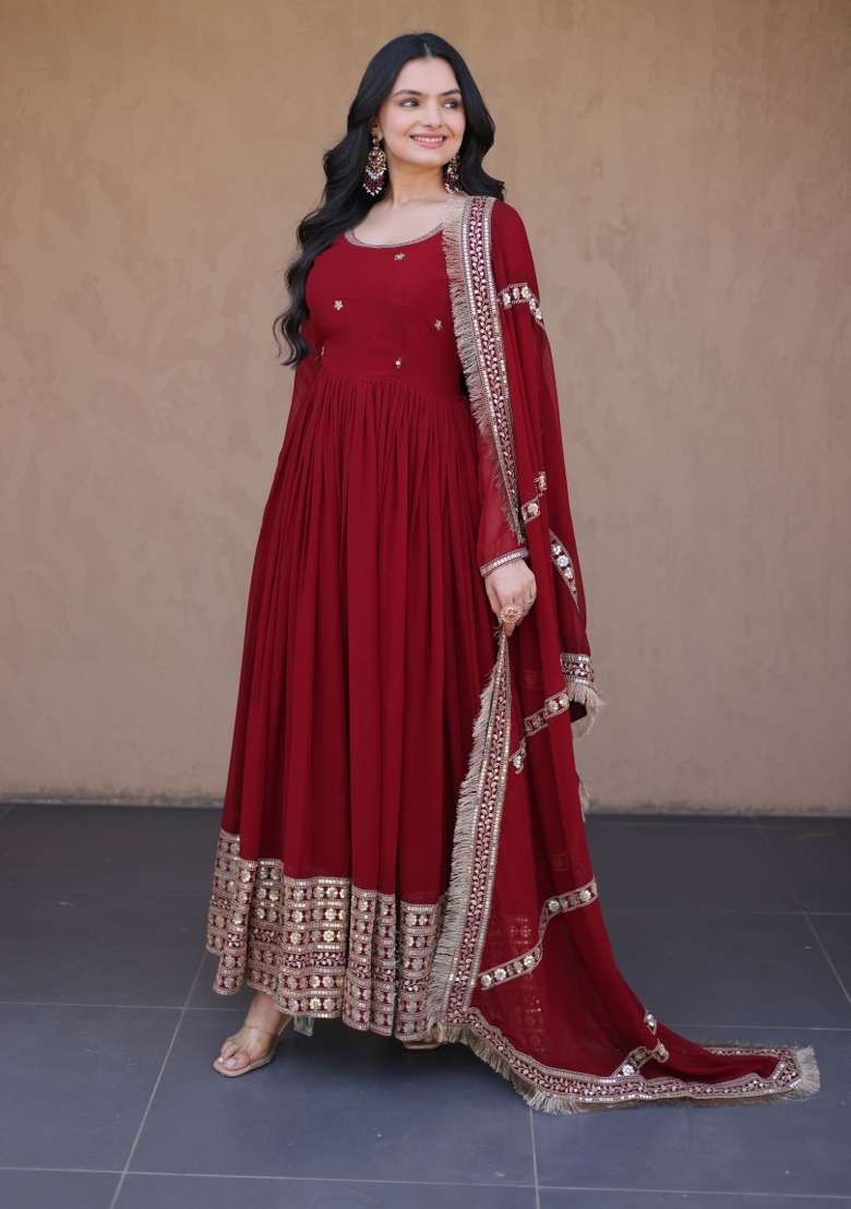 Maroon Embroidered Georgette Gown With Dupatta - Indya