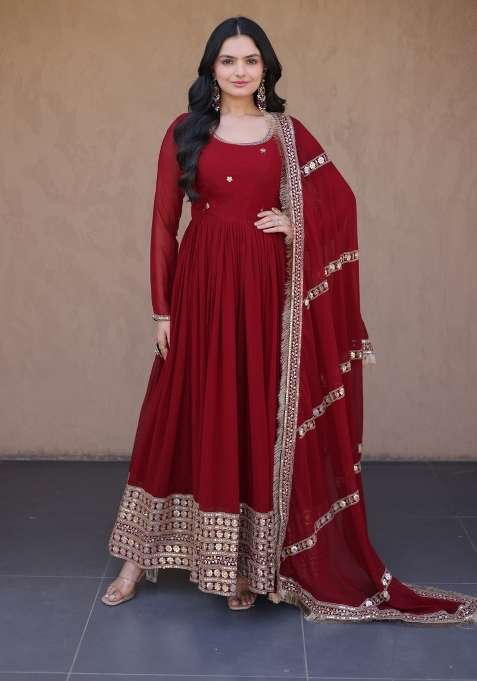 Maroon Embroidered Georgette Gown With Dupatta