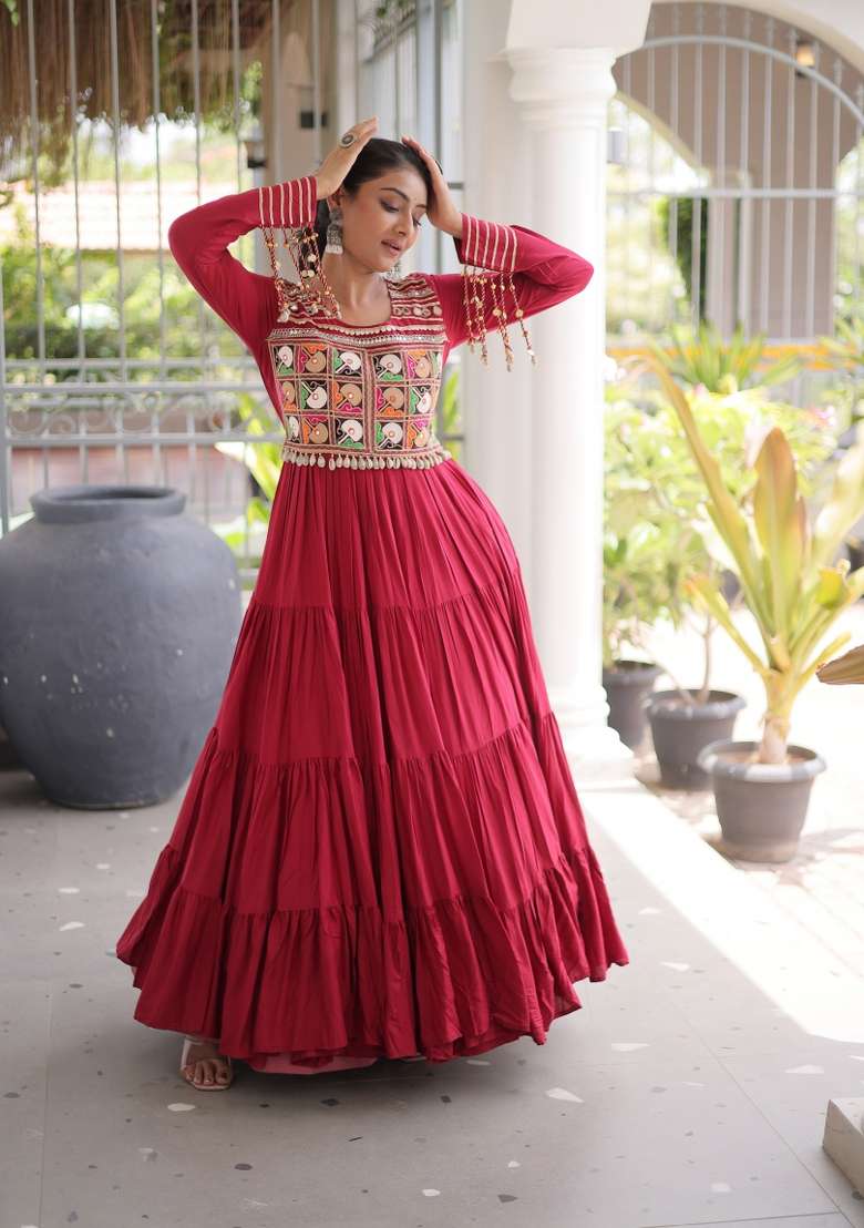 Maroon Embroidered Rayon Gown - Indya